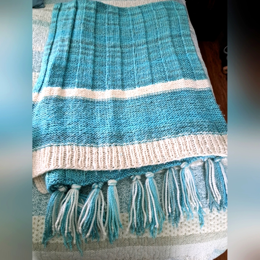 Teal and Cream Knitted Throw Blanket with Fringe